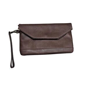 Brown Leather Wristlet Clutch Purse By L.L. Bean Rear Zipper Pocket & Card Slots